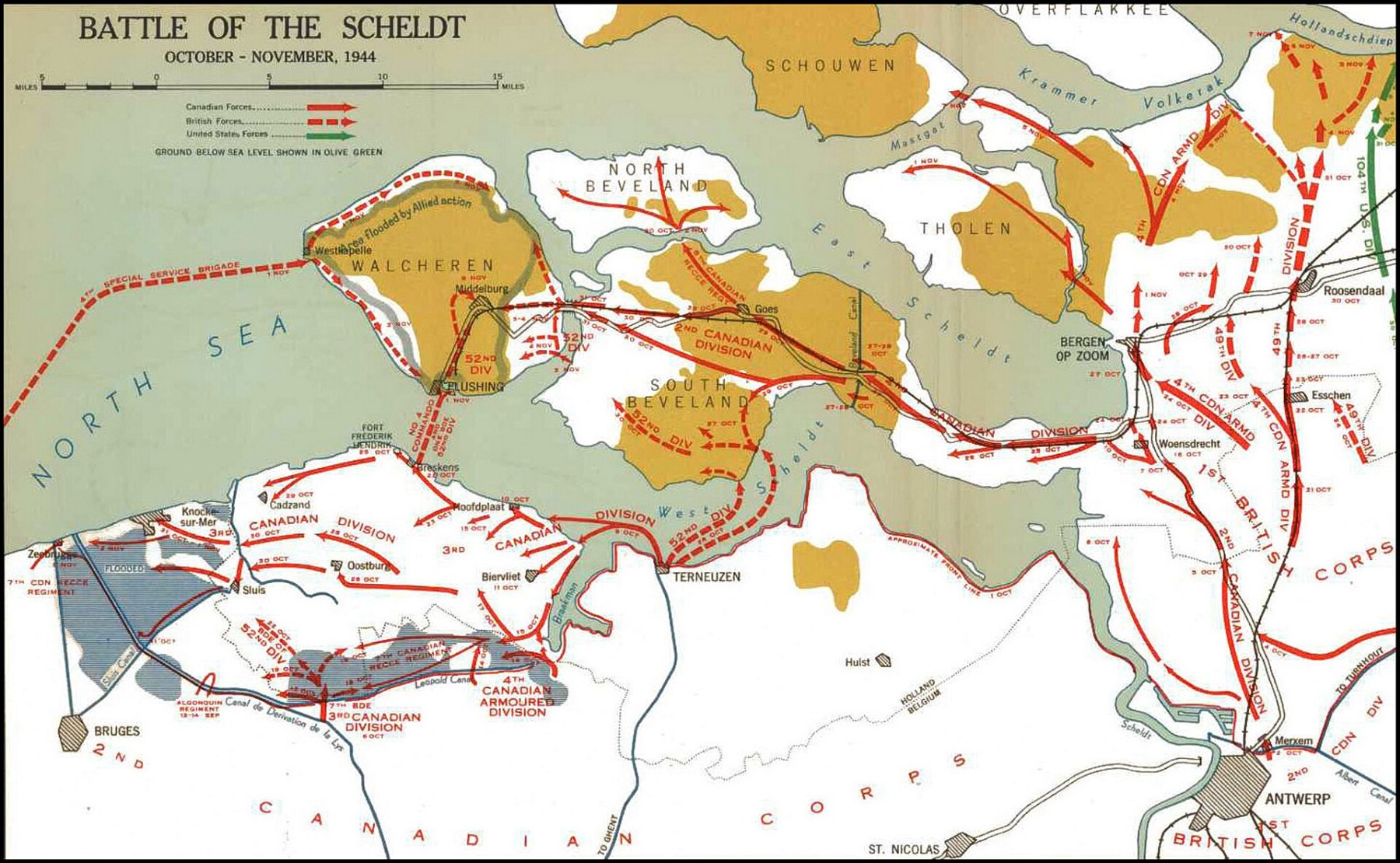 Map of the Battle of the Scheldt, October to November 1944, showing the Breskens Pocket, South Beveland and Walcheren